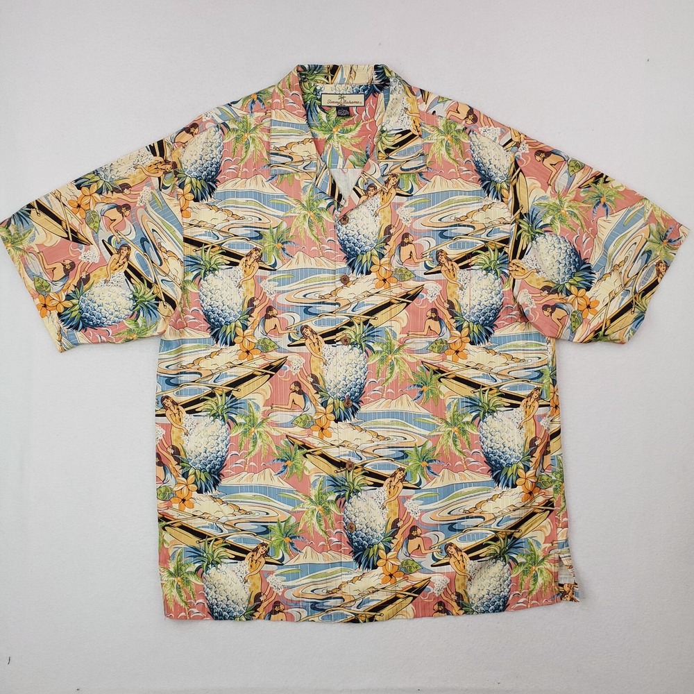 Tommy Bahama Shirt Men Large Hawaiian Hula Girl Pineapple Camp Floral Silk Blend